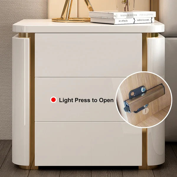 3 Drawer Modern Bedside Table Press to Open Solid Wood Gold Stainless Steel (White, Black)