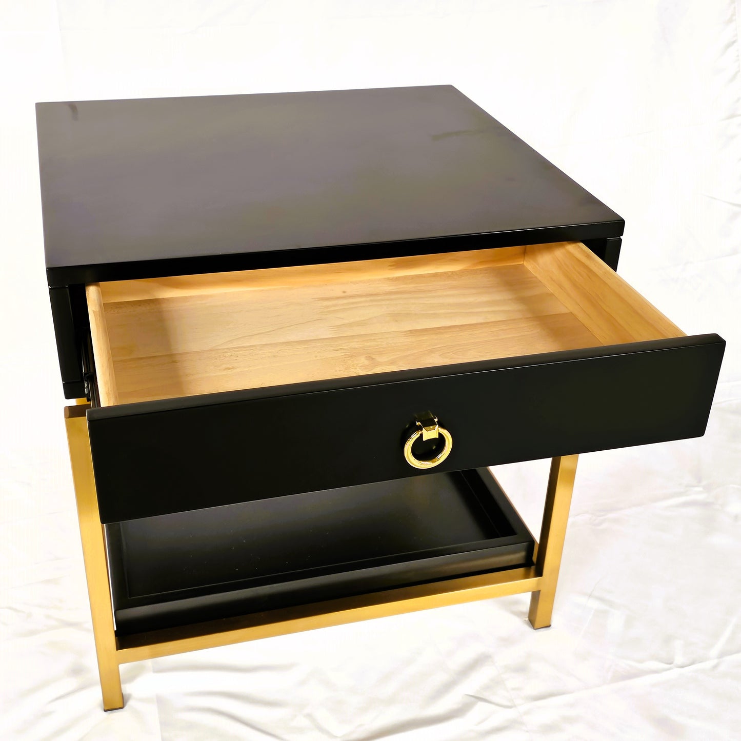 Single Drawer + Open Shelf Modern Bedside Table Solid Wood Gold Stainless Steel (White, Black)