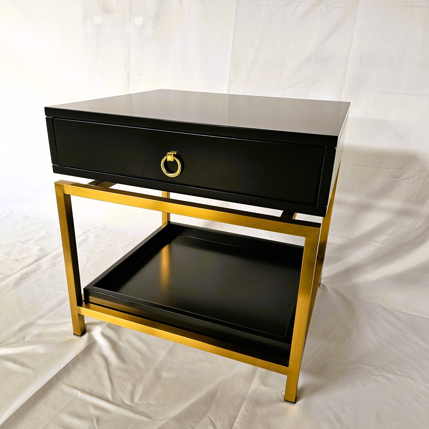 Single Drawer + Open Shelf Modern Bedside Table Solid Wood Gold Stainless Steel (White, Black)