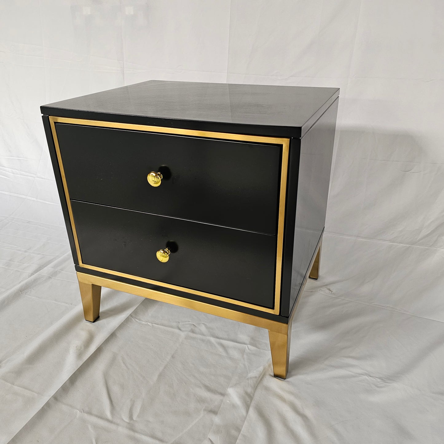 2 Drawer Modern Bedside Table Solid Wood Gold Stainless Steel (White, Black)