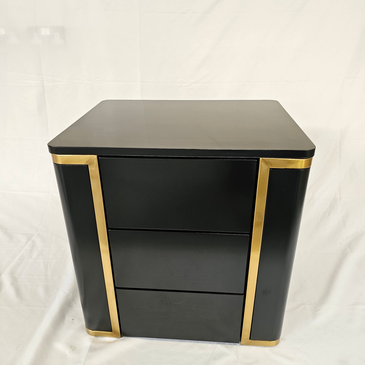 3 Drawer Modern Bedside Table Press to Open Solid Wood Gold Stainless Steel (White, Black)