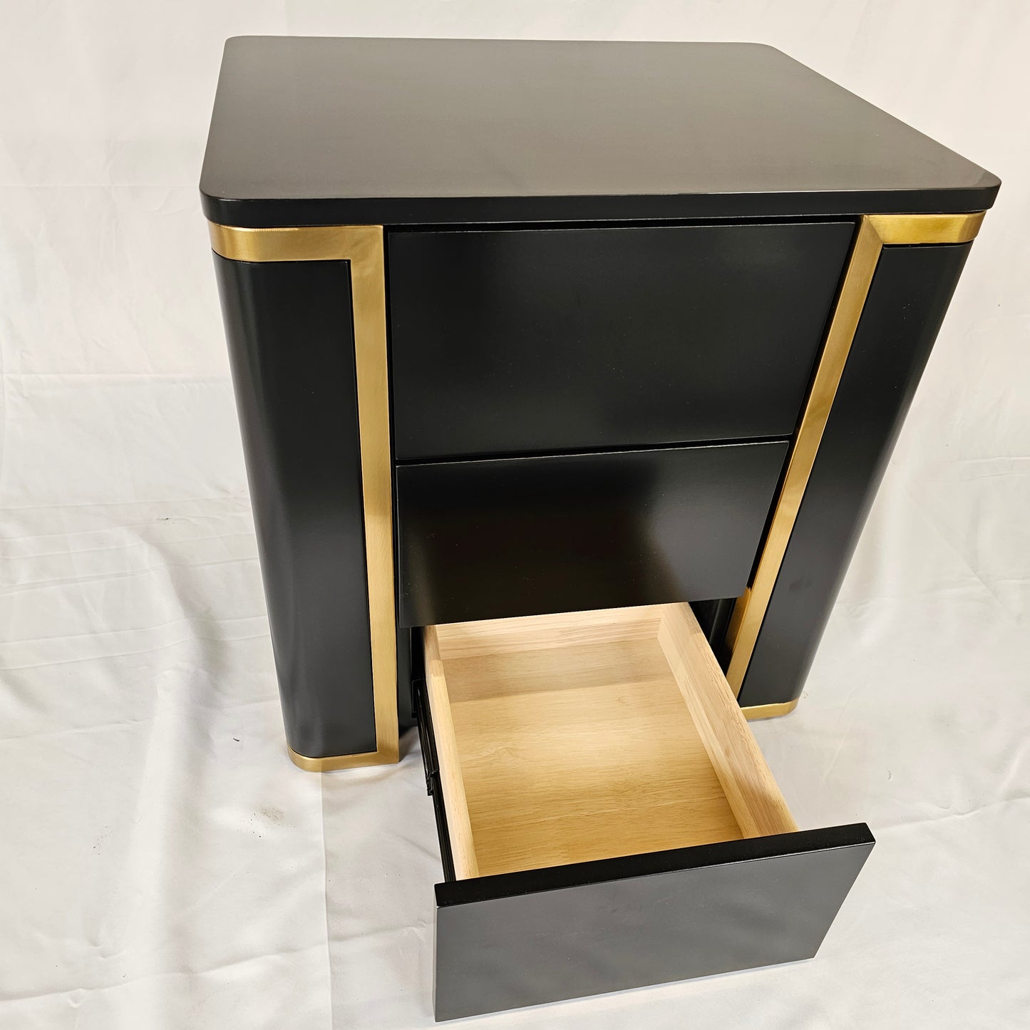 3 Drawer Modern Bedside Table Press to Open Solid Wood Gold Stainless Steel (White, Black)