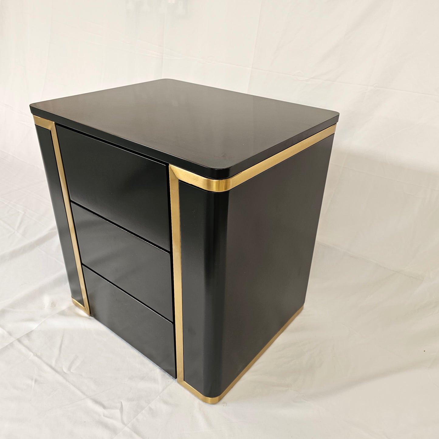 3 Drawer Modern Bedside Table Press to Open Solid Wood Gold Stainless Steel (White, Black)