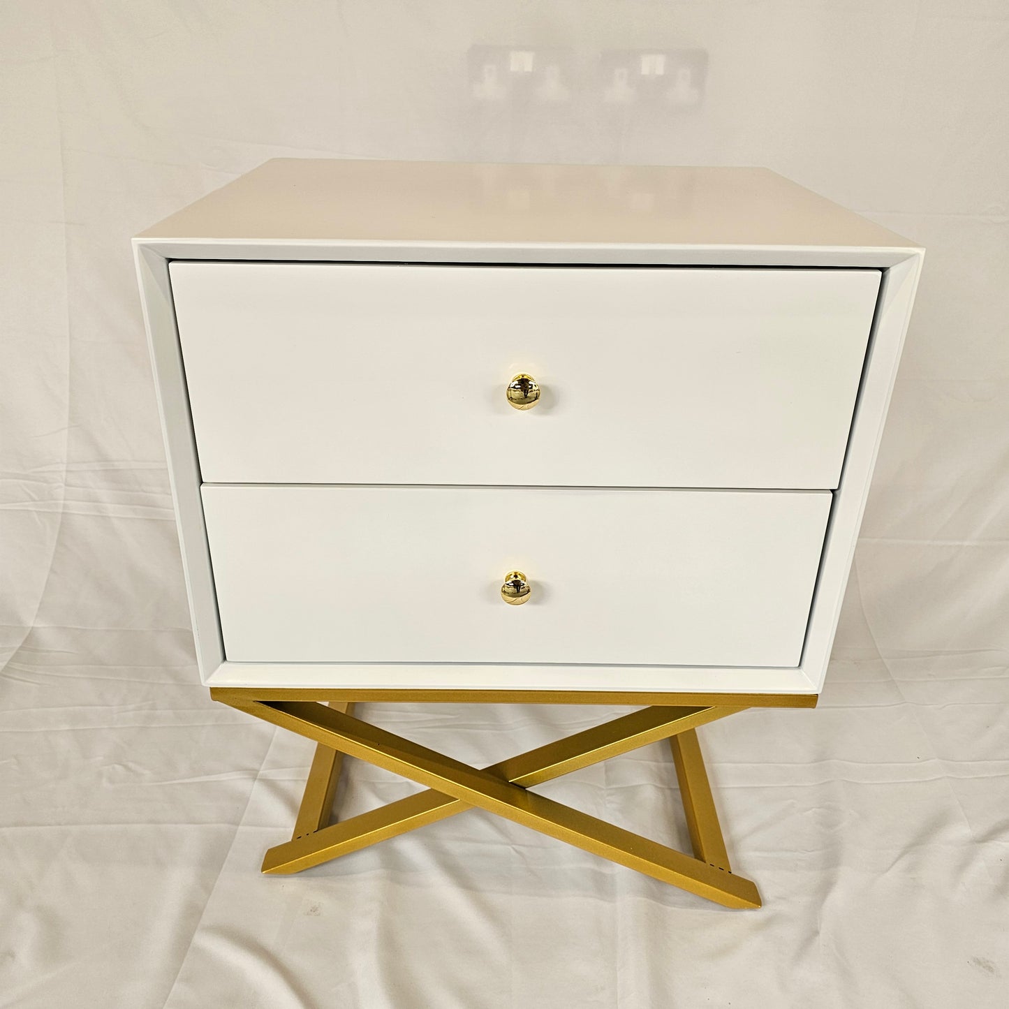 2 Drawer Modern Bedside Table Solid Wood Gold Stainless Steel (White, Blue Velvet, Green Velvet)