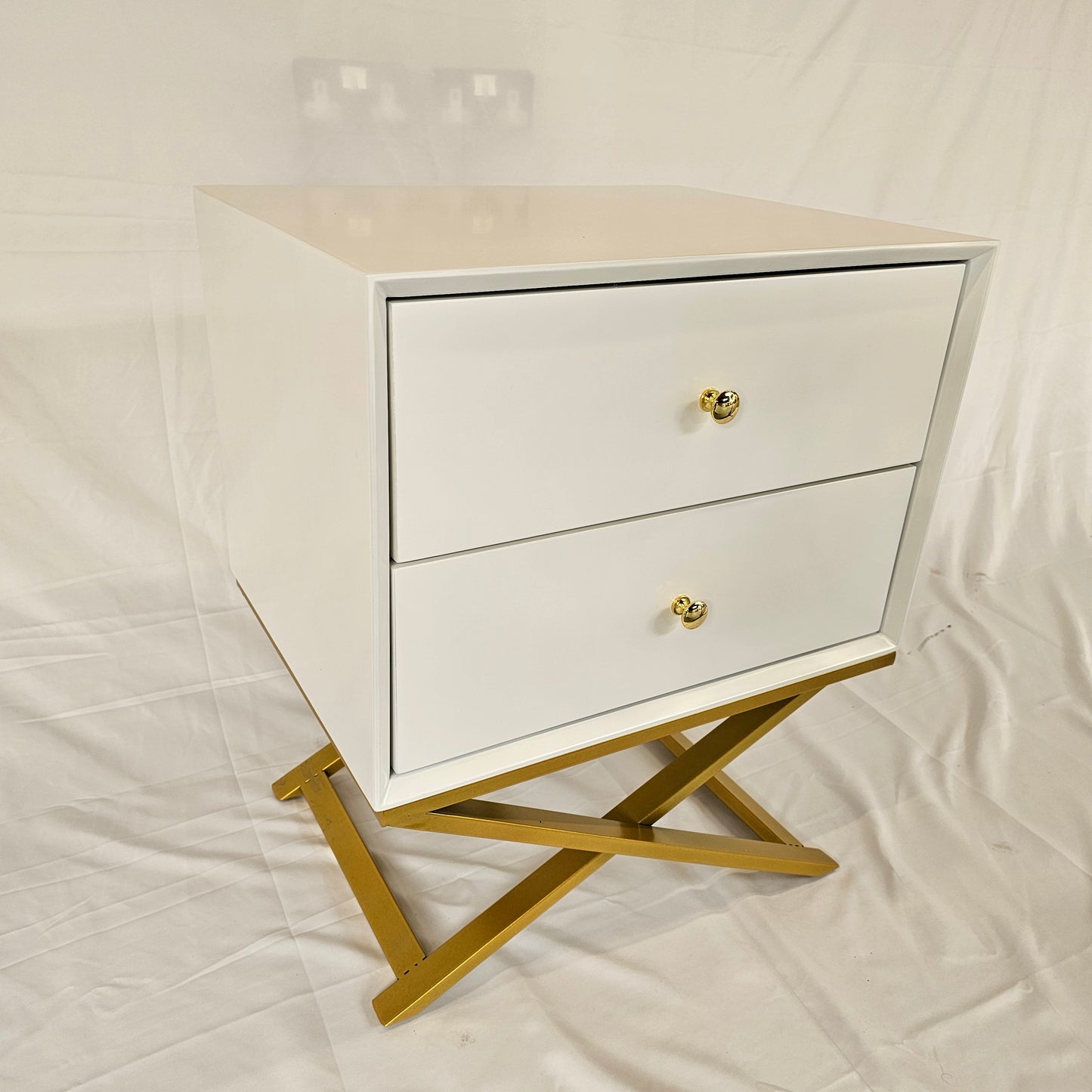 2 Drawer Modern Bedside Table Solid Wood Gold Stainless Steel (White, Blue Velvet, Green Velvet)