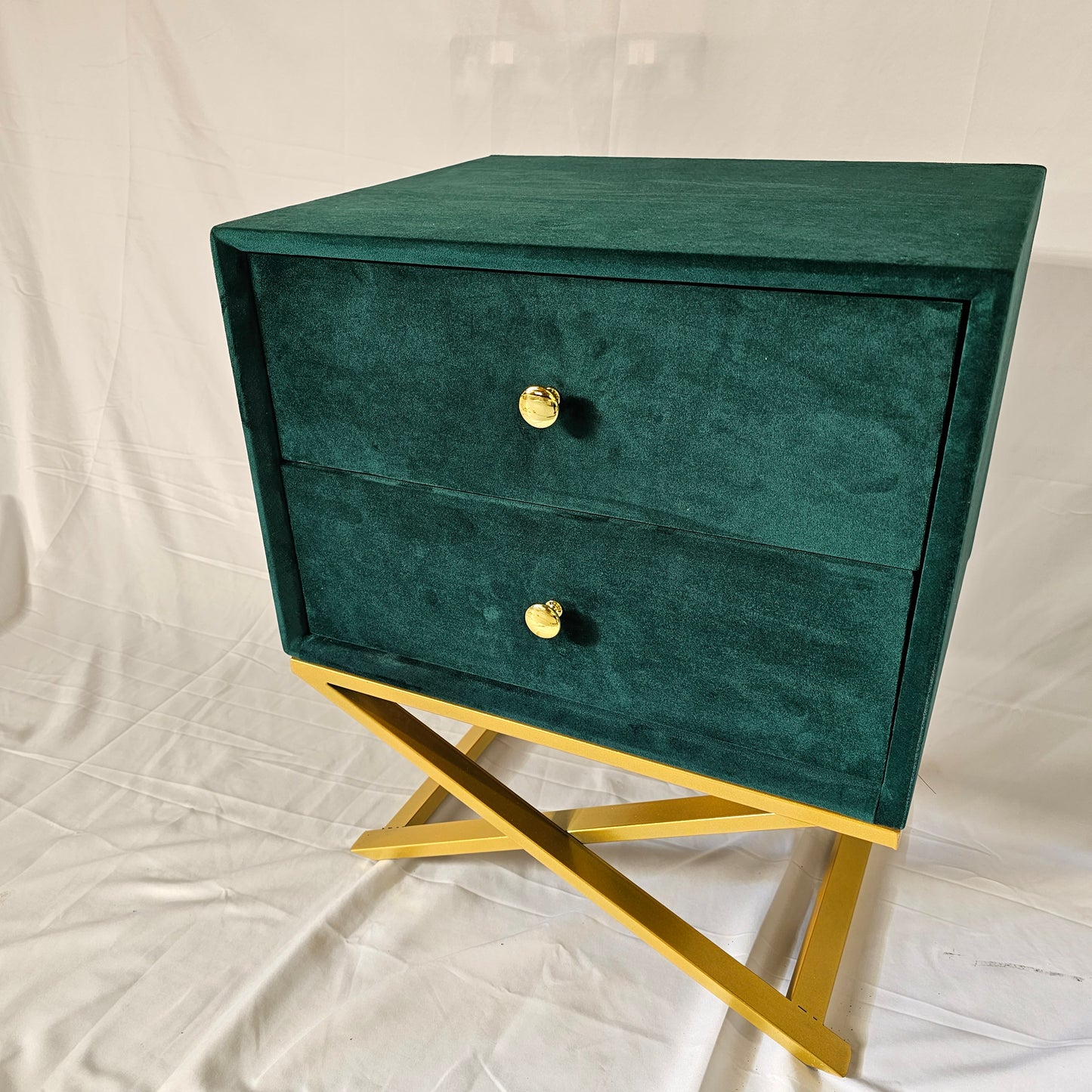 2 Drawer Modern Bedside Table Solid Wood Gold Stainless Steel (White, Blue Velvet, Green Velvet)