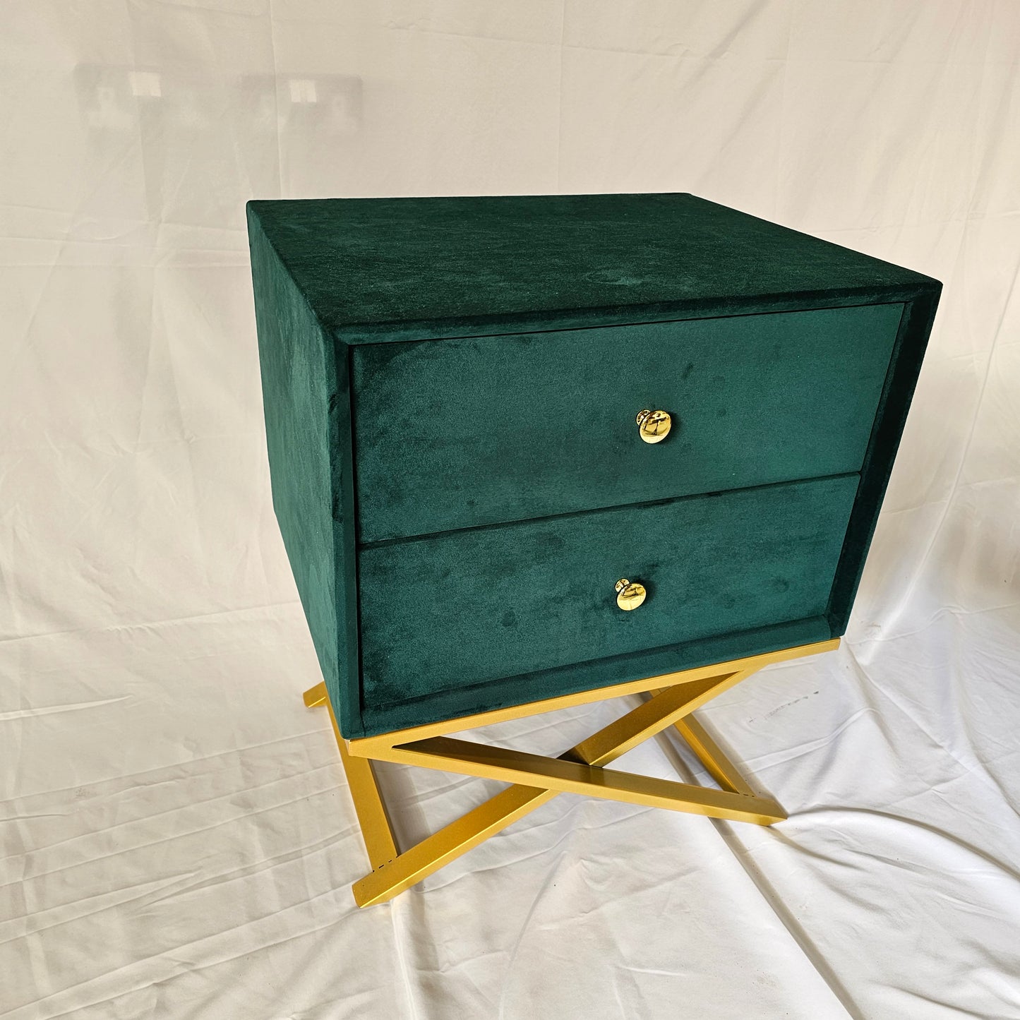 2 Drawer Modern Bedside Table Solid Wood Gold Stainless Steel (White, Blue Velvet, Green Velvet)