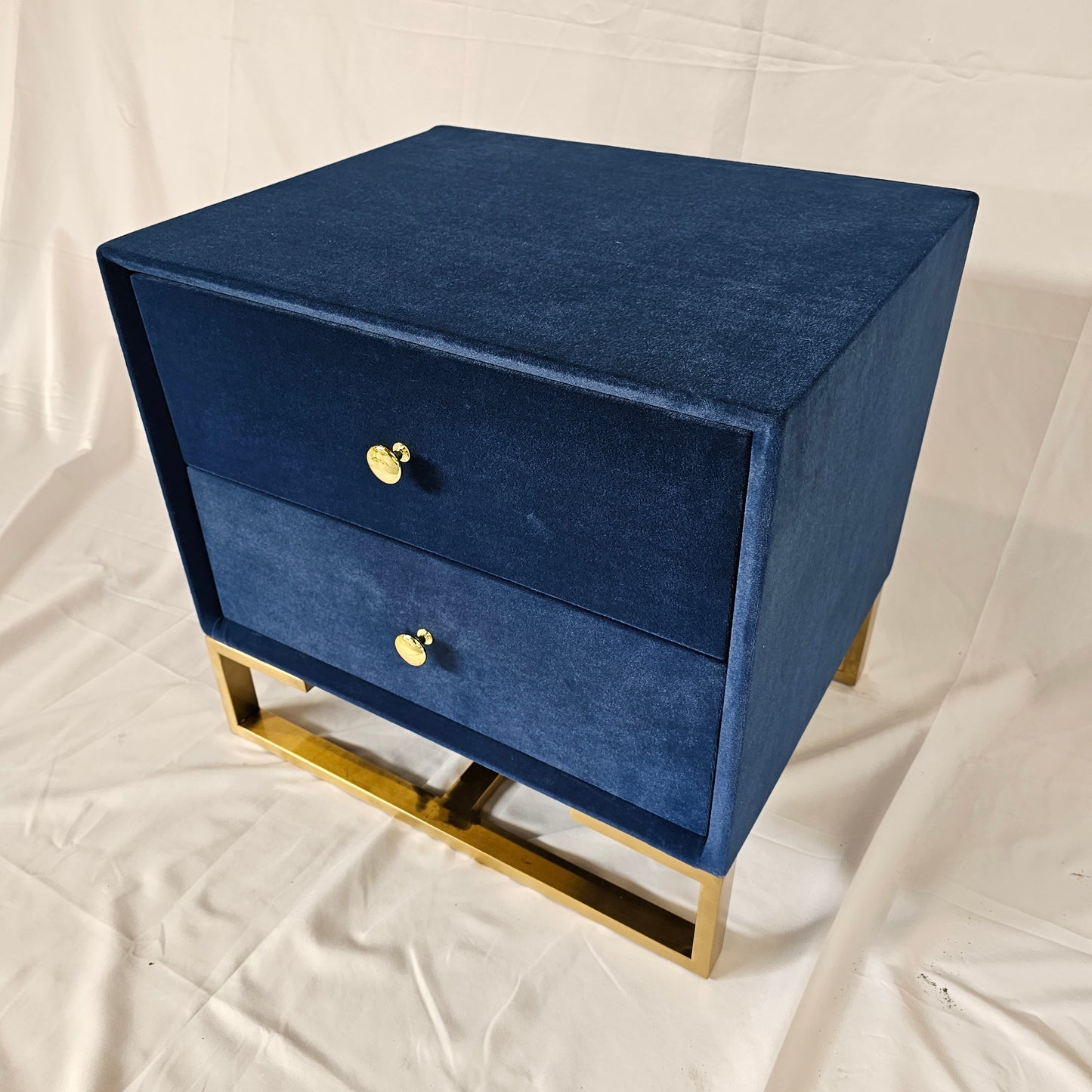 2 Drawer Modern Bedside Table Solid Wood Gold Stainless Steel (White, Grey, Blue Velvet, Green Velvet)