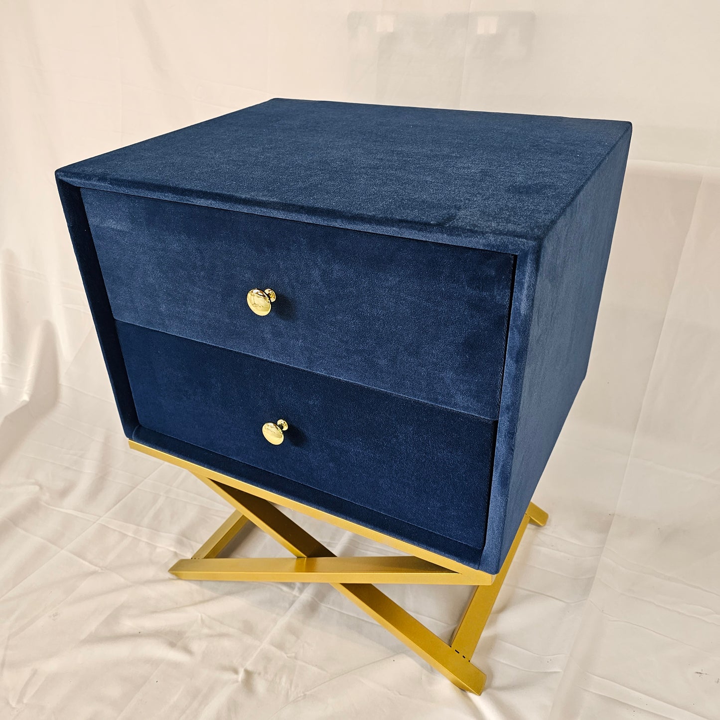 2 Drawer Modern Bedside Table Solid Wood Gold Stainless Steel (White, Blue Velvet, Green Velvet)