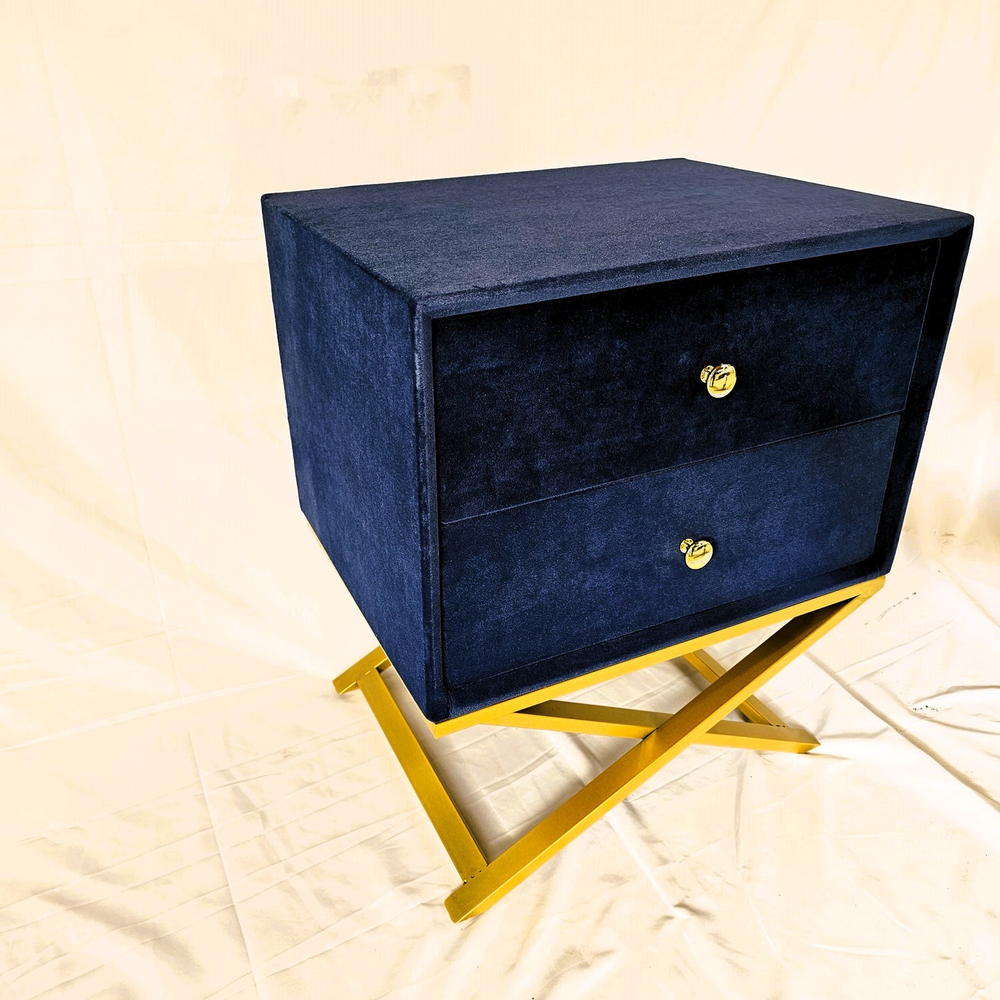 2 Drawer Modern Bedside Table Solid Wood Gold Stainless Steel (White, Blue Velvet, Green Velvet)