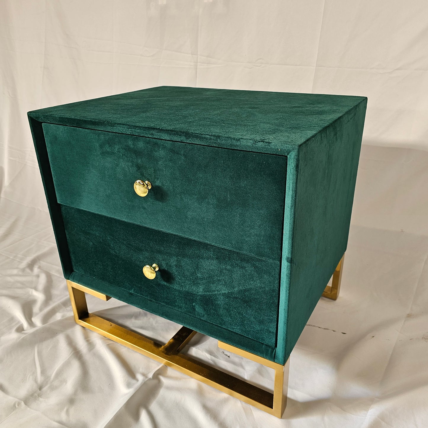 2 Drawer Modern Bedside Table Solid Wood Gold Stainless Steel (White, Grey, Blue Velvet, Green Velvet)