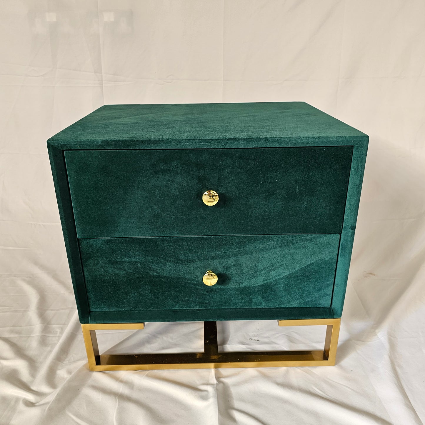 2 Drawer Modern Bedside Table Solid Wood Gold Stainless Steel (White, Grey, Blue Velvet, Green Velvet)