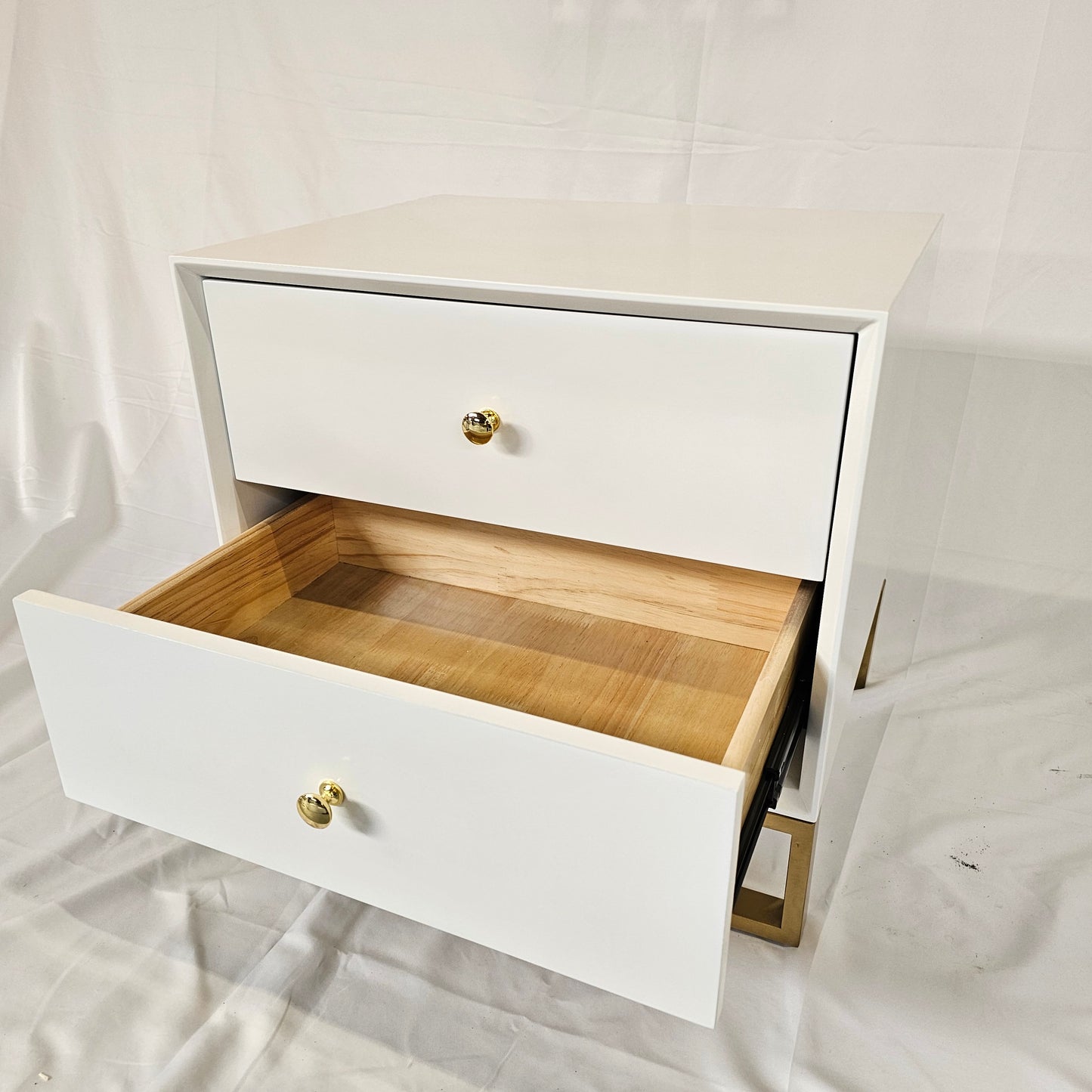 2 Drawer Modern Bedside Table Solid Wood Gold Stainless Steel (White, Grey, Blue Velvet, Green Velvet)