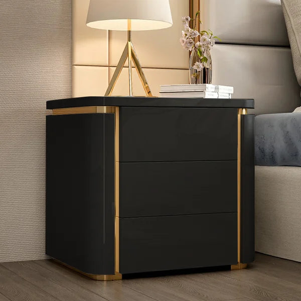 3 Drawer Modern Bedside Table Press to Open Solid Wood Gold Stainless Steel (White, Black)