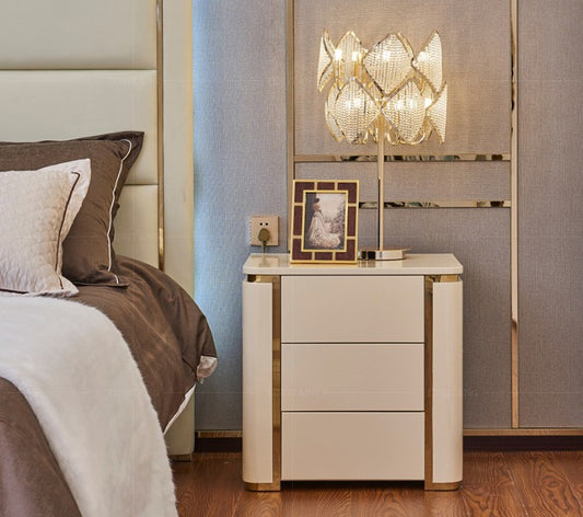 3 Drawer Modern Bedside Table Press to Open Solid Wood Gold Stainless Steel (White, Black)