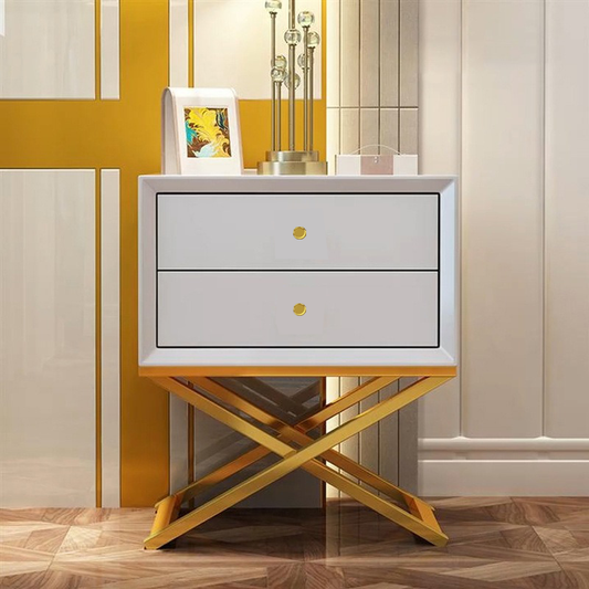 2 Drawer Modern Bedside Table Solid Wood Gold Stainless Steel (White, Blue Velvet, Green Velvet)