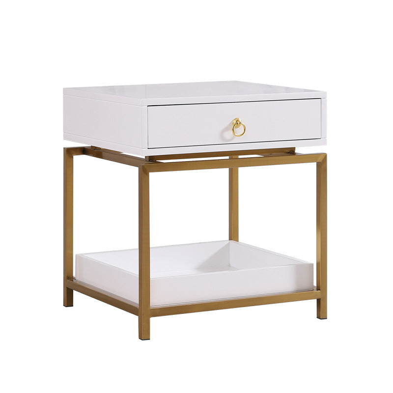 Single Drawer + Open Shelf Modern Bedside Table Solid Wood Gold Stainless Steel (White, Black)