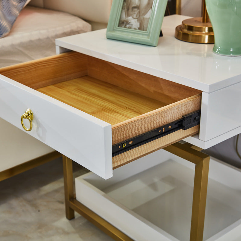 Single Drawer + Open Shelf Modern Bedside Table Solid Wood Gold Stainless Steel (White, Black)