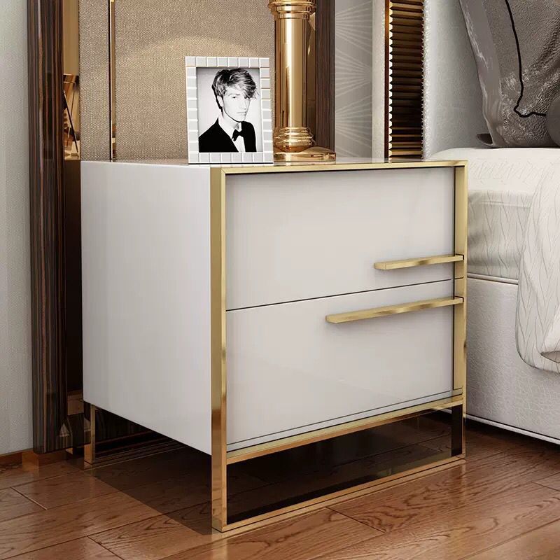 2 Drawer Modern Bedside Table Solid Wood Gold Stainless Steel (White, Black, Grey)