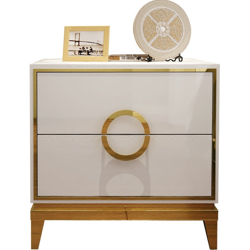 2 Drawer Modern Bedside Table Solid Wood Gold Stainless Steel (White, Black)