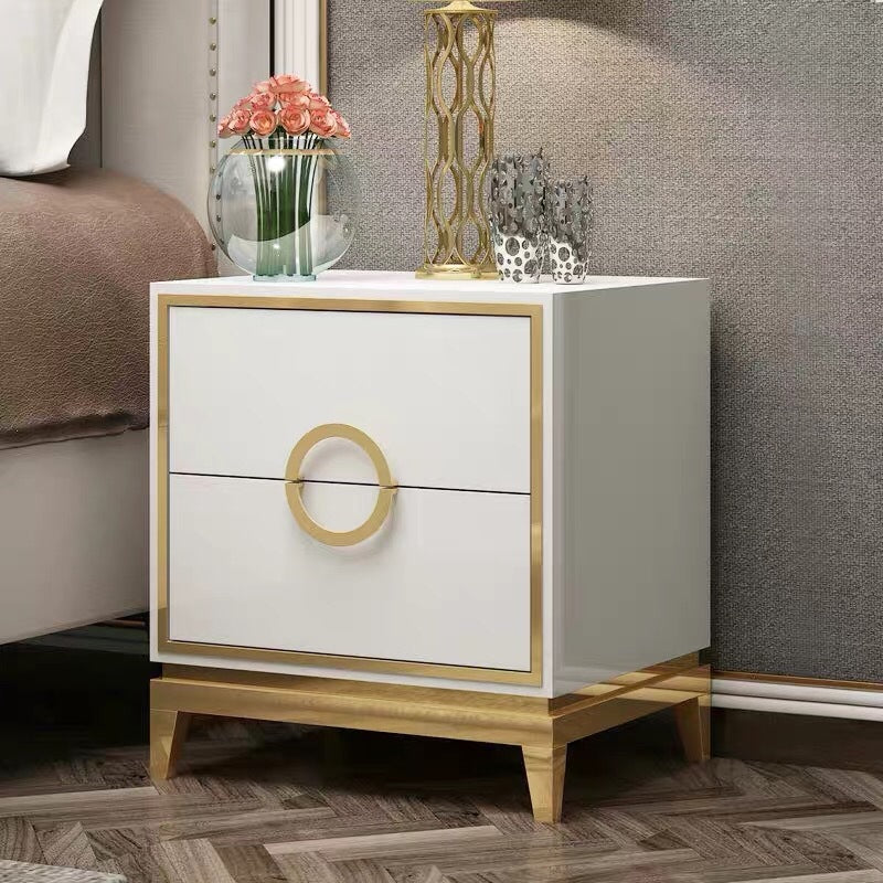 2 Drawer Modern Bedside Table Solid Wood Gold Stainless Steel (White, Black)