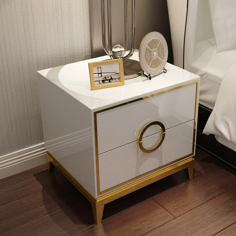 2 Drawer Modern Bedside Table Solid Wood Gold Stainless Steel (White, Black)