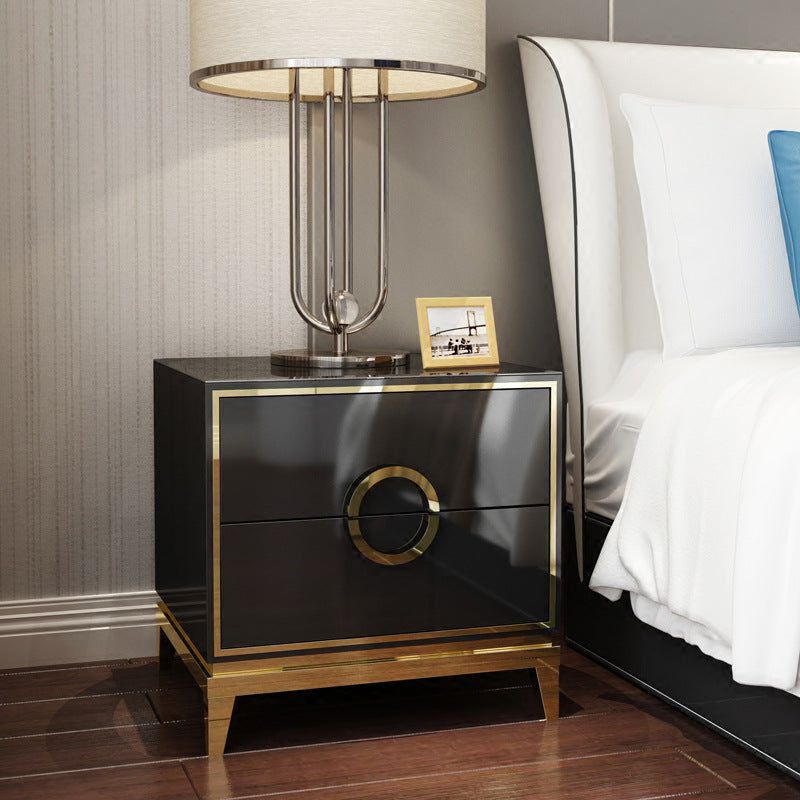 2 Drawer Modern Bedside Table Solid Wood Gold Stainless Steel (White, Black)