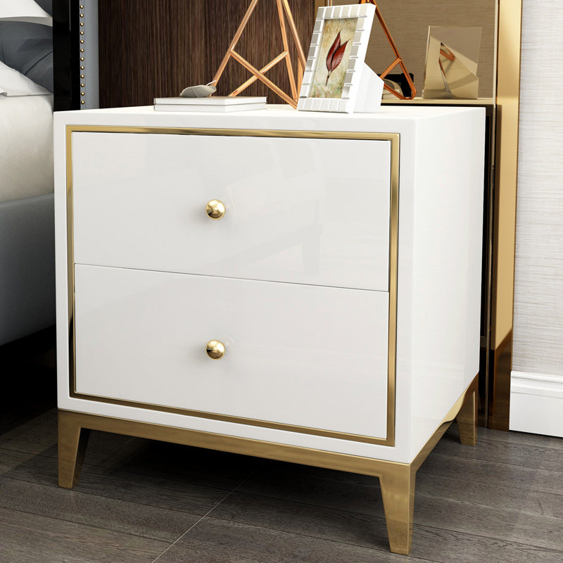 2 Drawer Modern Bedside Table Solid Wood Gold Stainless Steel (White, Black)