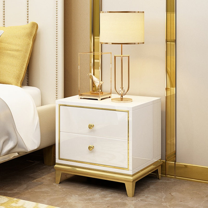 2 Drawer Modern Bedside Table Solid Wood Gold Stainless Steel (White, Black)