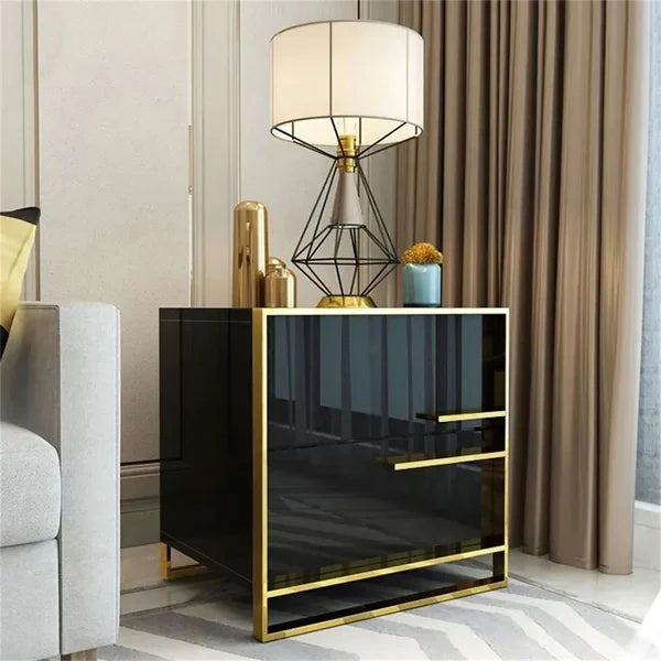 2 Drawer Modern Bedside Table Solid Wood Gold Stainless Steel (White, Black, Grey)